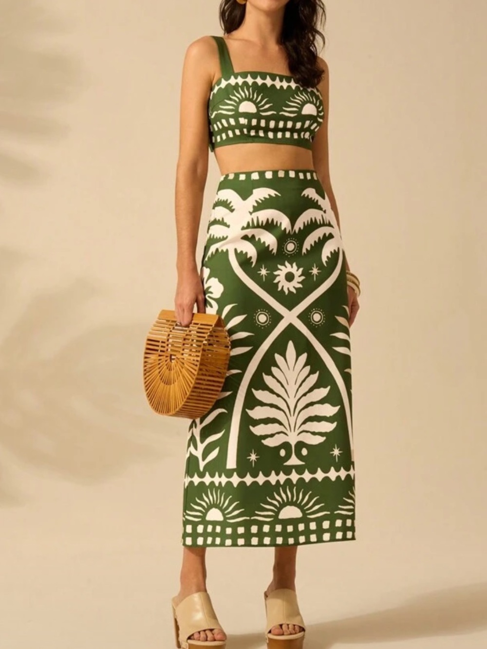 Green & White Printed Maxi Skirt